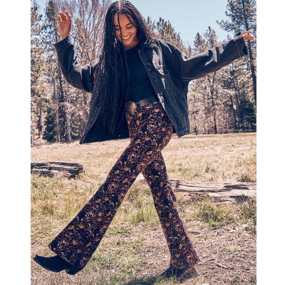 Wrangler Floral Boot Cut & Flare Pants in Black with Brown and Gold Print